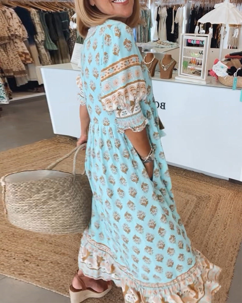 CD | Rochie maxi boho relaxată cu mânecă lungă tip lanternă