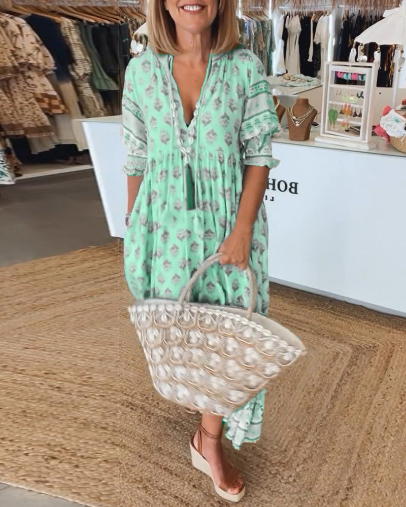 CD | Rochie maxi boho relaxată cu mânecă lungă tip lanternă