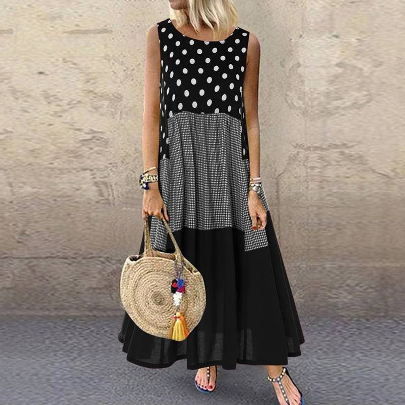 CD | Rochie maxi pentru femei - A-line fit - fără mâneci - bumbac - mixed dotted & checked