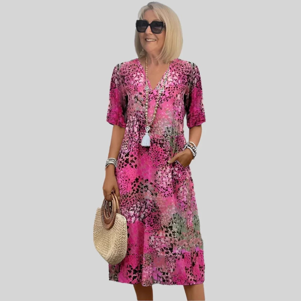 CD | Rochie midi pentru femei - croială relaxată - decolteu în V - mâneci scurte - cu buzunare