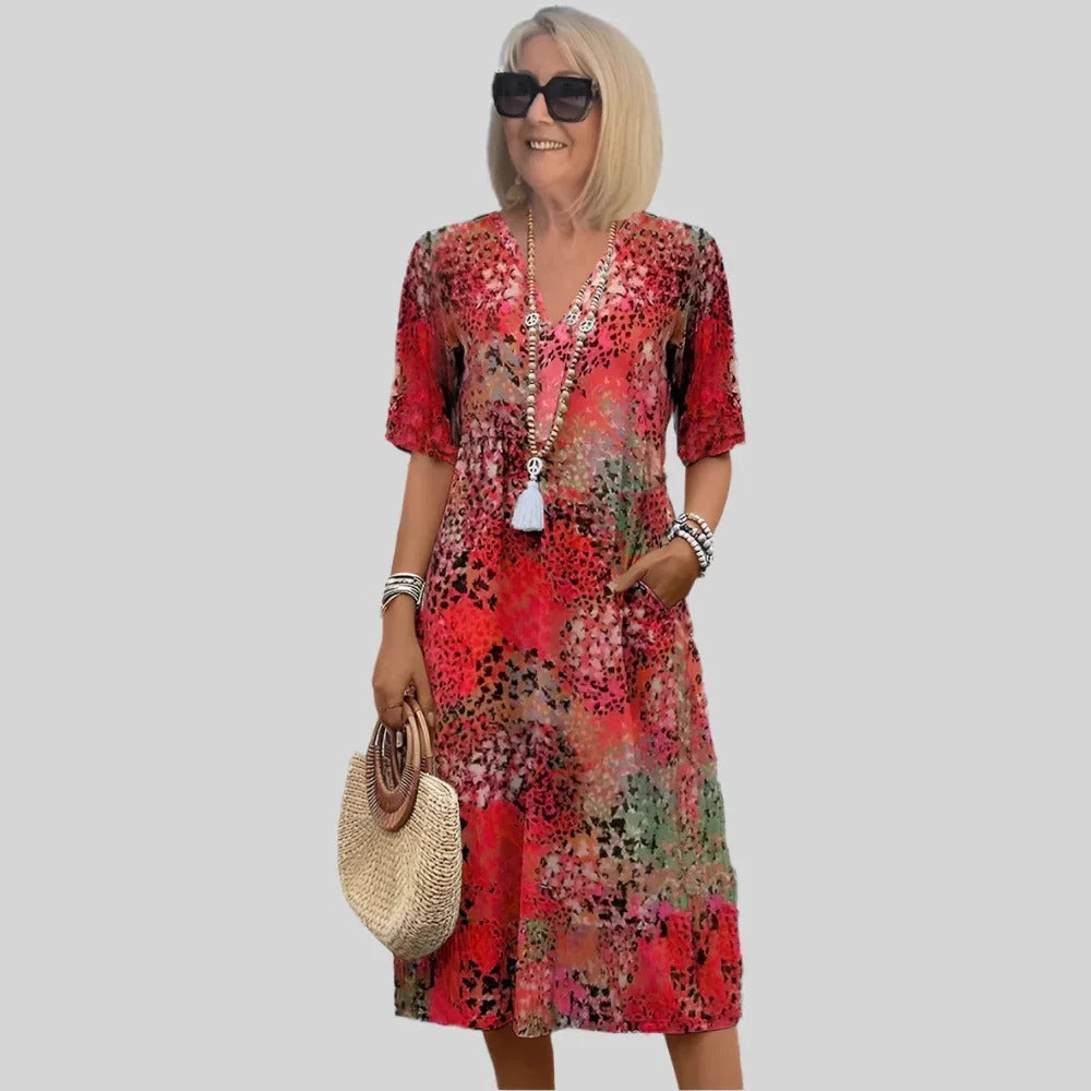 CD | Rochie midi pentru femei - croială relaxată - decolteu în V - mâneci scurte - cu buzunare