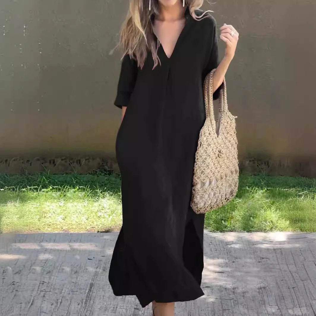 CD | Rochie maxi pentru femei - Ținută relaxată - Decolteu în V - Mâneci pe jumătate - Bumbac