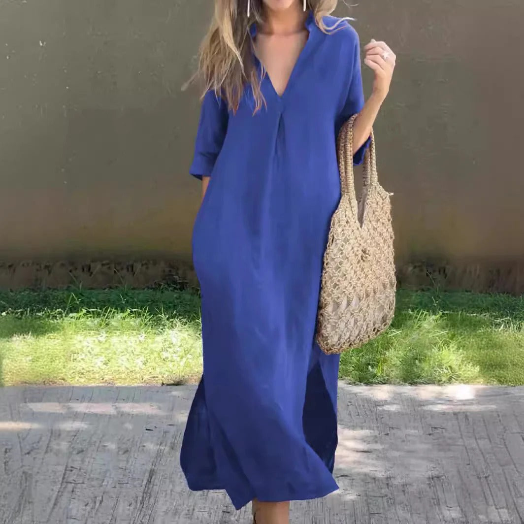 CD | Rochie maxi pentru femei - Ținută relaxată - Decolteu în V - Mâneci pe jumătate - Bumbac