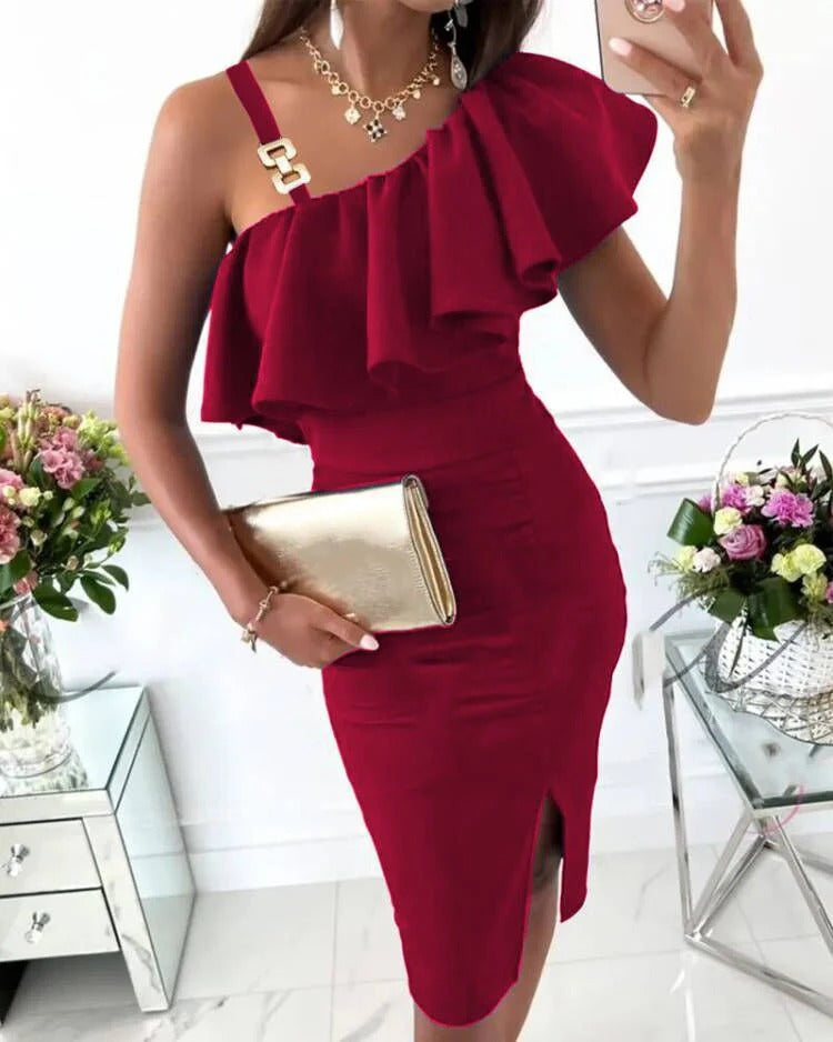 CD | Rochie midi de damă - aspect satinat - croială subțire - bust adunat - bretele înflorate - fantă laterală