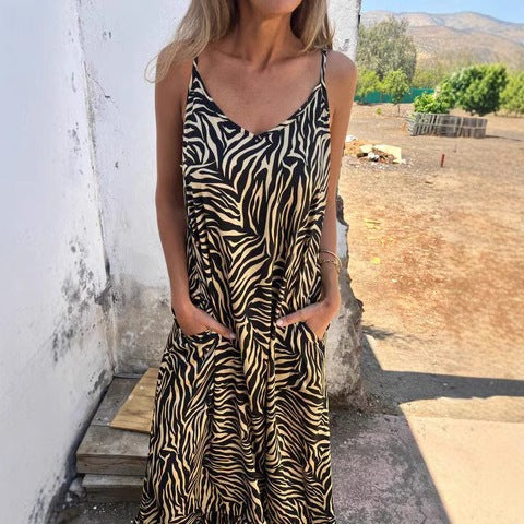 CD | Rochie maxi pentru femei - Ținută relaxată - Material respirabil - Imprimeu zebră - Bretele subțiri - Buzunare