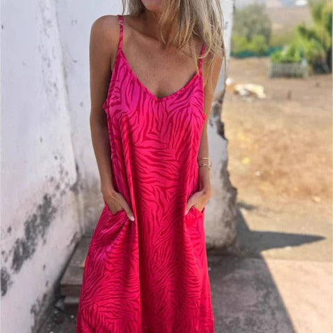CD | Rochie maxi pentru femei - Ținută relaxată - Material respirabil - Imprimeu zebră - Bretele subțiri - Buzunare