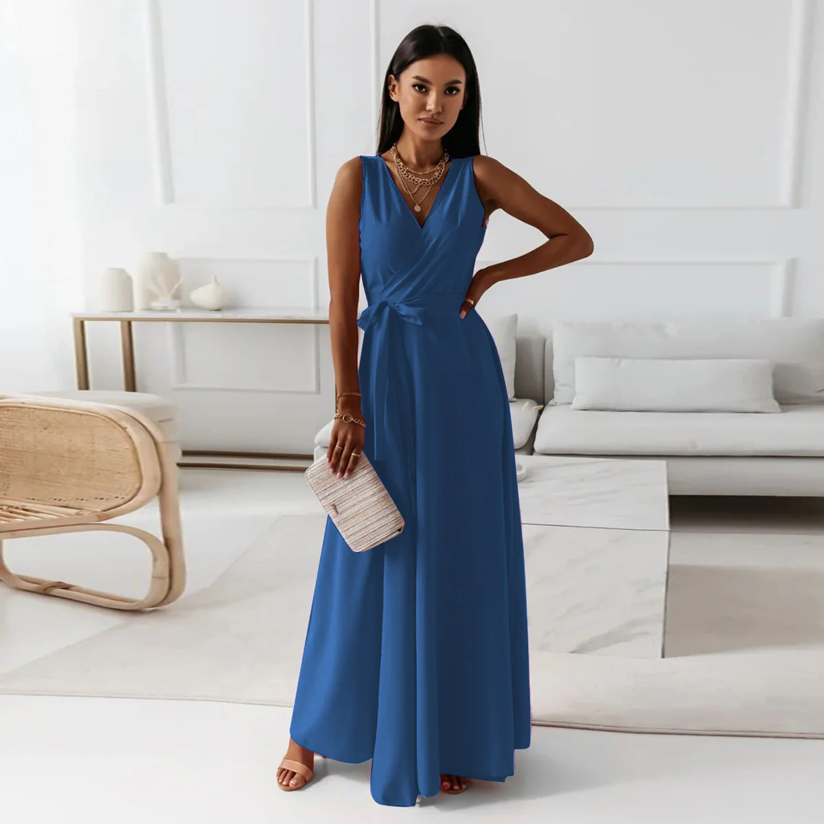 CD | Rochie maxi pentru femei - Țesătură luxoasă - Decolteu în V - Panglică cu cravată - Fără mâneci Ținută elegantă