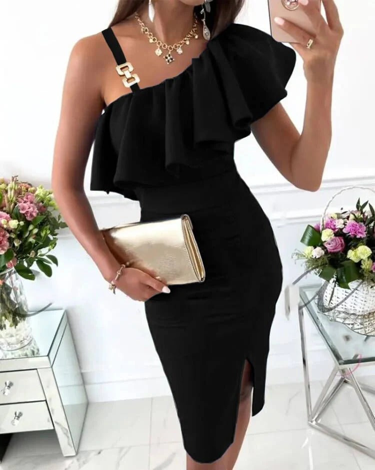 CD | Rochie midi de damă - aspect satinat - croială subțire - bust adunat - bretele înflorate - fantă laterală