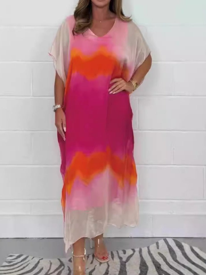 CD | Rochie maxi pentru femei - Șifon - Decolteu în V - Gradient de culoare ombre - Mâneci scurte - Ținută relaxată