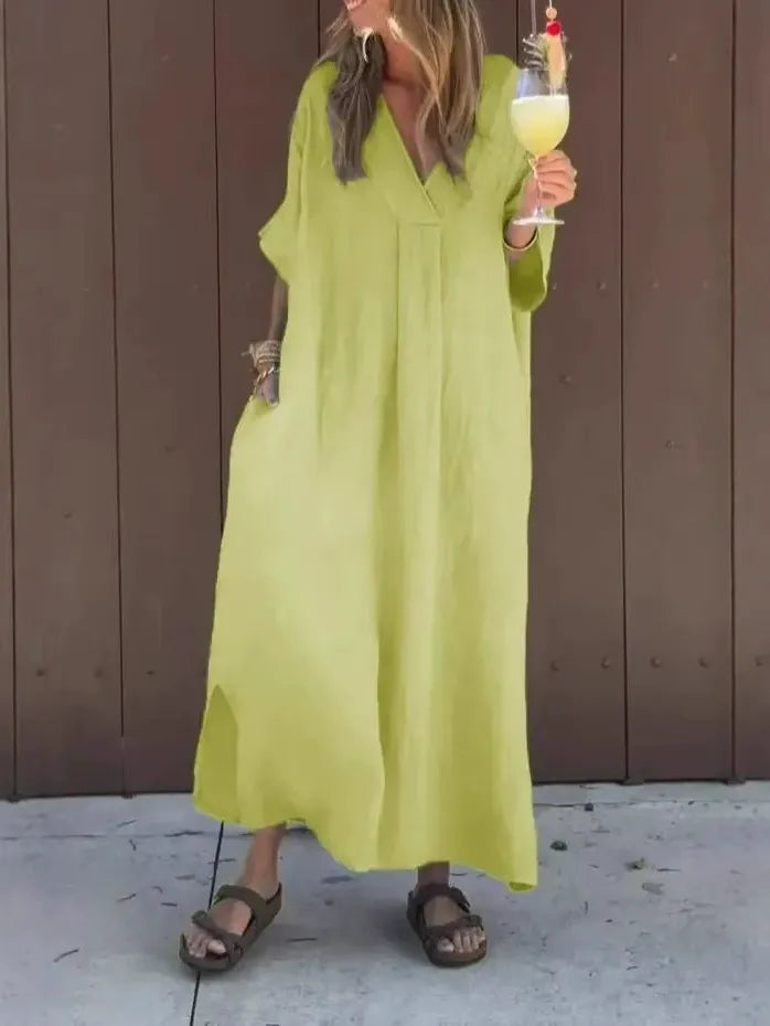CD | Rochie maxi pentru femei - Bumbac - Ținută lejeră - Decolteu în V - Mâneci scurte - Stil minimalist