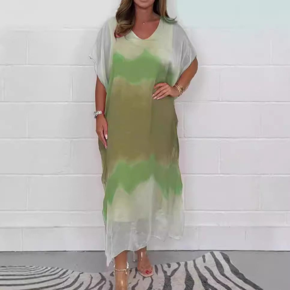 CD | Rochie maxi pentru femei - Șifon - Decolteu în V - Gradient de culoare ombre - Mâneci scurte - Ținută relaxată