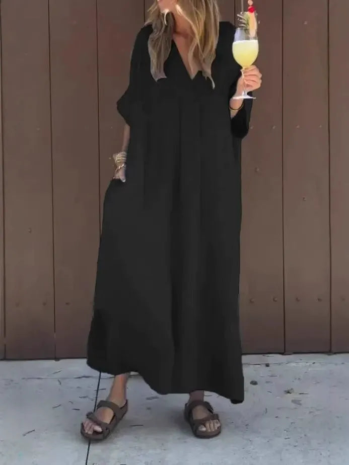 CD | Rochie maxi pentru femei - Bumbac - Ținută lejeră - Decolteu în V - Mâneci scurte - Stil minimalist
