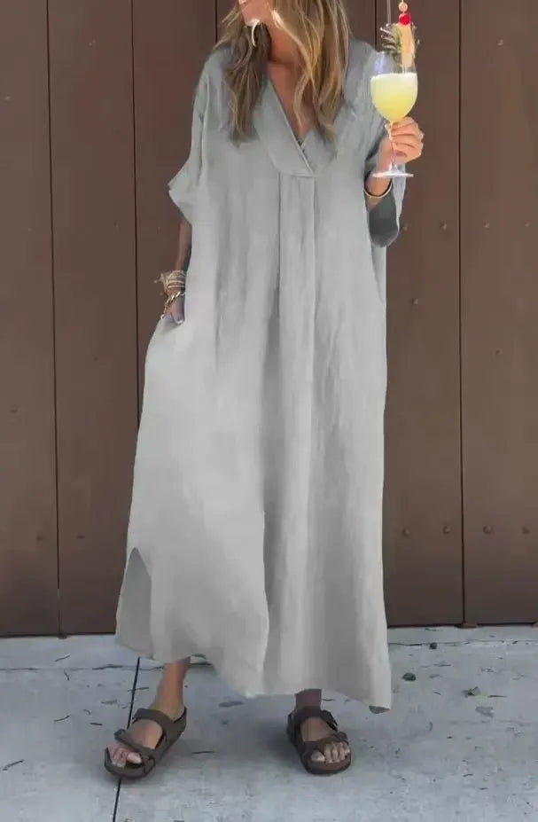 CD | Rochie maxi pentru femei - Bumbac - Ținută lejeră - Decolteu în V - Mâneci scurte - Stil minimalist