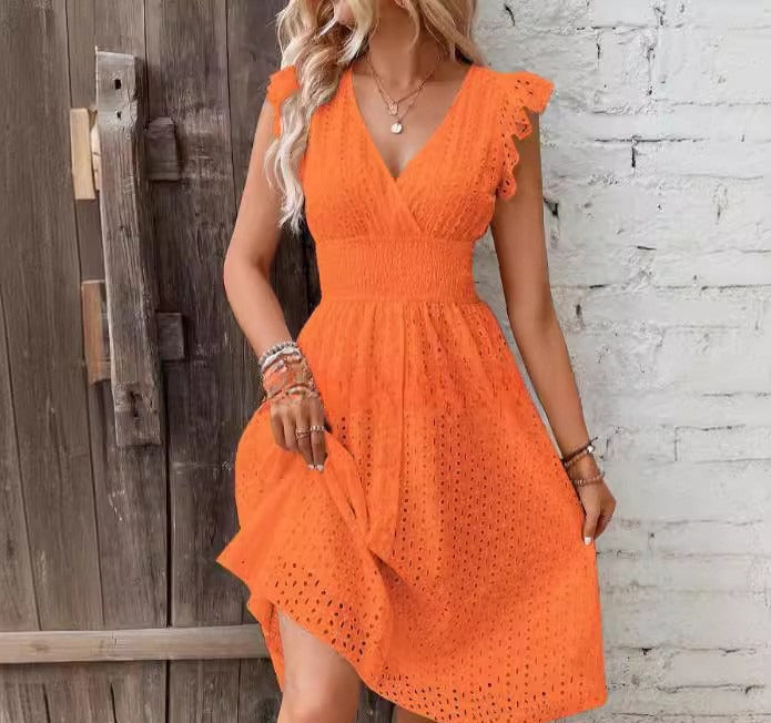 CD | Rochie midi pentru femei - A-line - broderie anglaise - mâneci încrețite - croială pe măsură