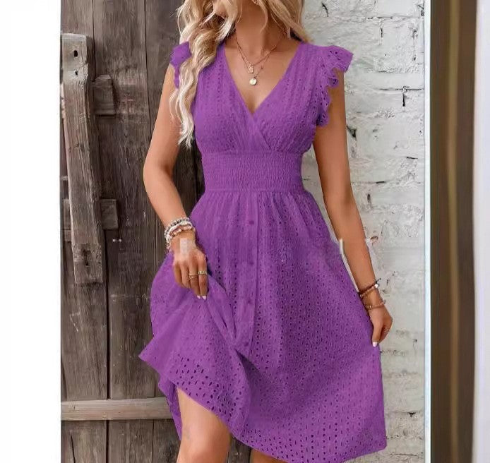 CD | Rochie midi pentru femei - A-line - broderie anglaise - mâneci încrețite - croială pe măsură