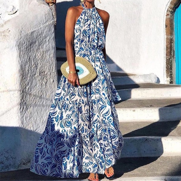 CD | Rochie maxi de damă - croială fluidă - guler tip halterneck - fustă cu dungi - imprimeu floral