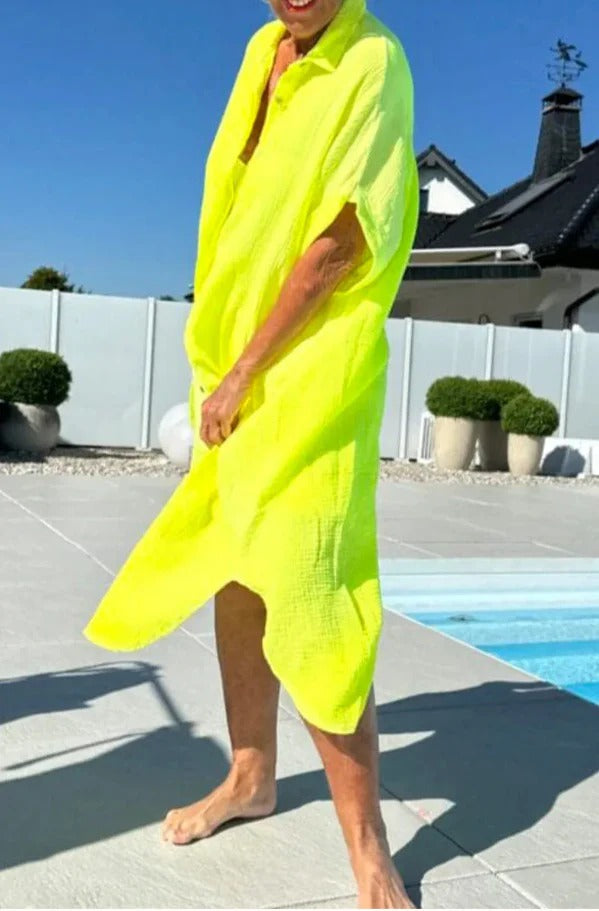 CD | Rochie midi pentru femei - Croială relaxată - Fermoar cu nasturi - Mâneci scurte - Bumbac Feel