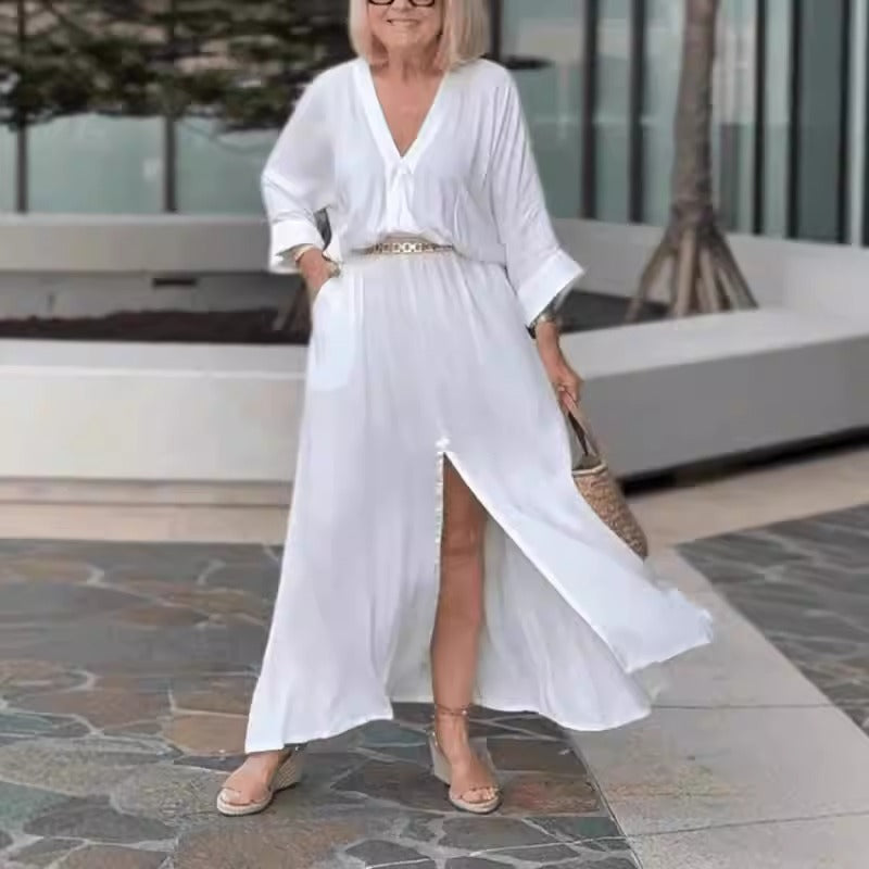 CD | Rochie maxi pentru femei - croială fluidă - decolteu în V - mâneci lungi - fantă frontală