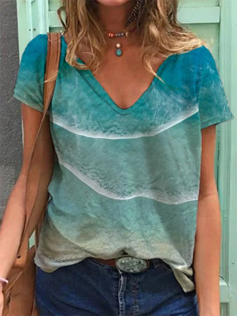 CD | Seascape Print tricou cu mânecă scurtă cu gât V