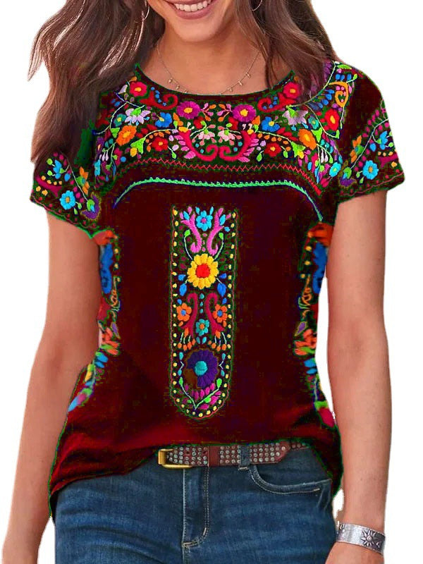 CD | Boho Print rotund gât scurt maneca tricou Top