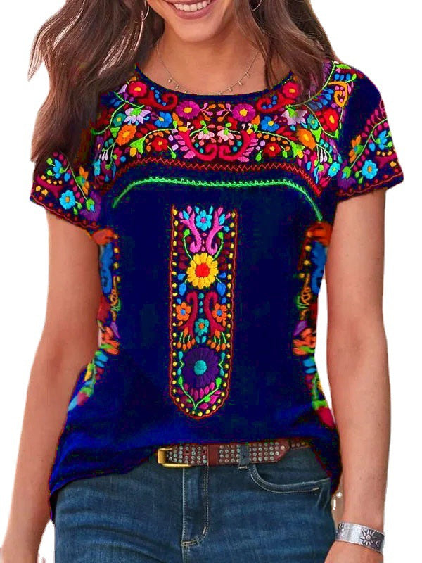 CD | Boho Print rotund gât scurt maneca tricou Top