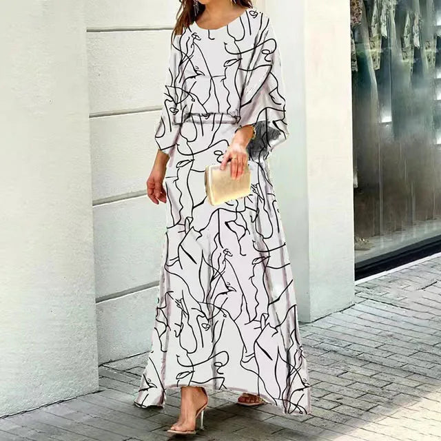 CD | Rochie maxi pentru femei - Croială fluidă - Decolteu rotunjit - Mâneci largi - Amestec respirabil