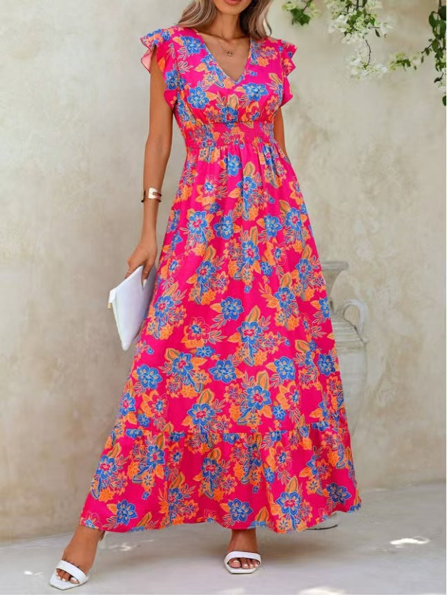 CD | Rochie maxi pentru femei - fără mâneci - decolteu în V - imprimeu floral - tiv cu cravată - croială lejeră