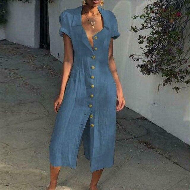 CD | Rochie midi pentru femei - Croială relaxată - Buton în față - Amestec respirabil - Mâneci scurte