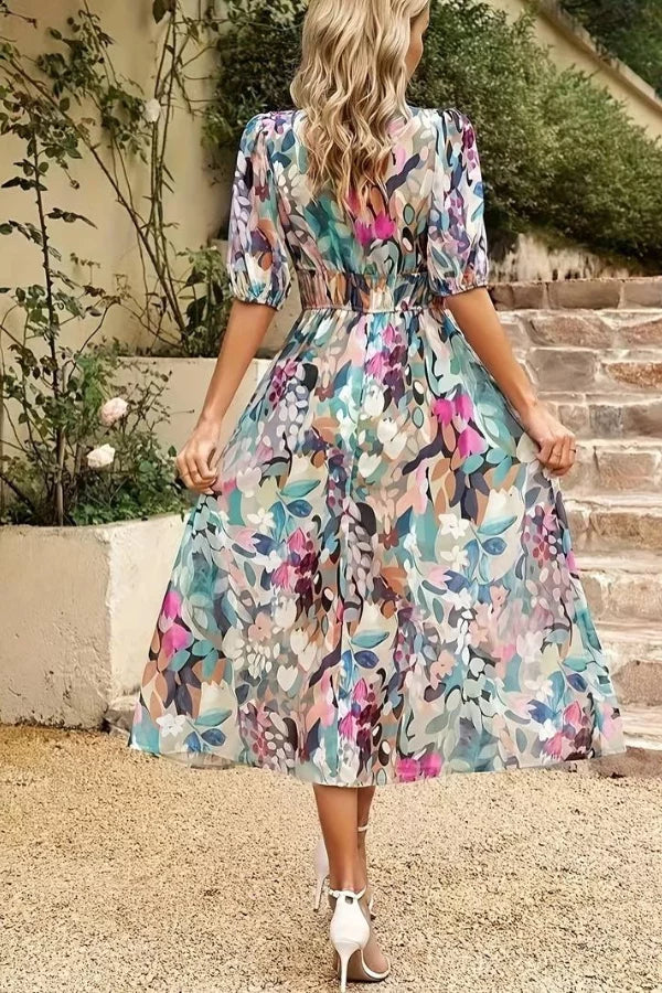 CD | Rochie midi pentru femei - Croială fluidă - Decolteu în V - Mâneci bufante - Talie elastică - Imprimeu floral