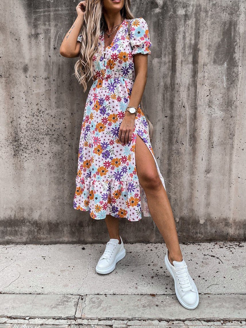 CD | V-neck imprimare split rochie lungă