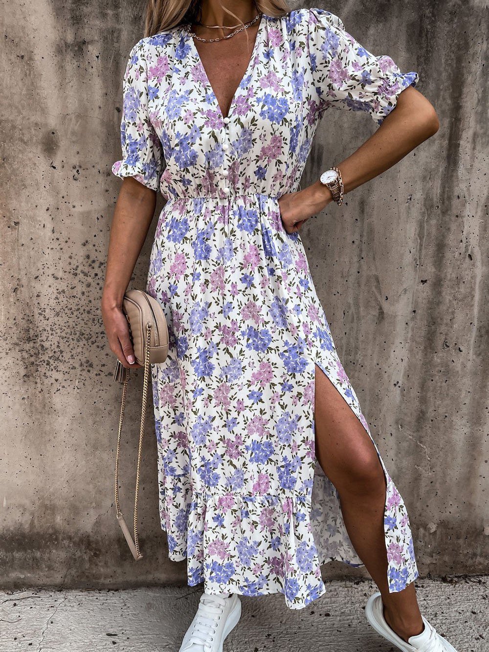 CD | V-neck imprimare split rochie lungă
