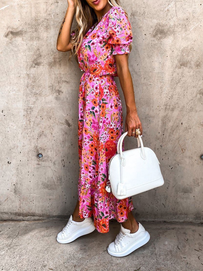CD | V-neck imprimare split rochie lungă