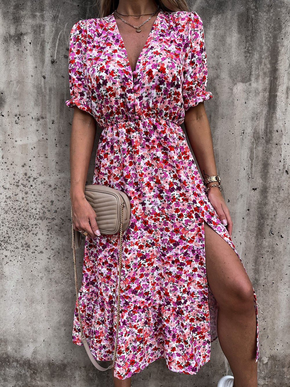 CD | V-neck imprimare split rochie lungă
