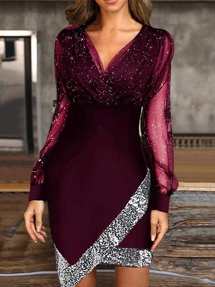CD | V-neck Irregular mesh panel mini rochie
