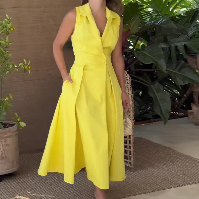 CD | Rochie midi pentru femei - Tailored fit - Decolteu în V cu buton - Fustă evazată - Fără mâneci