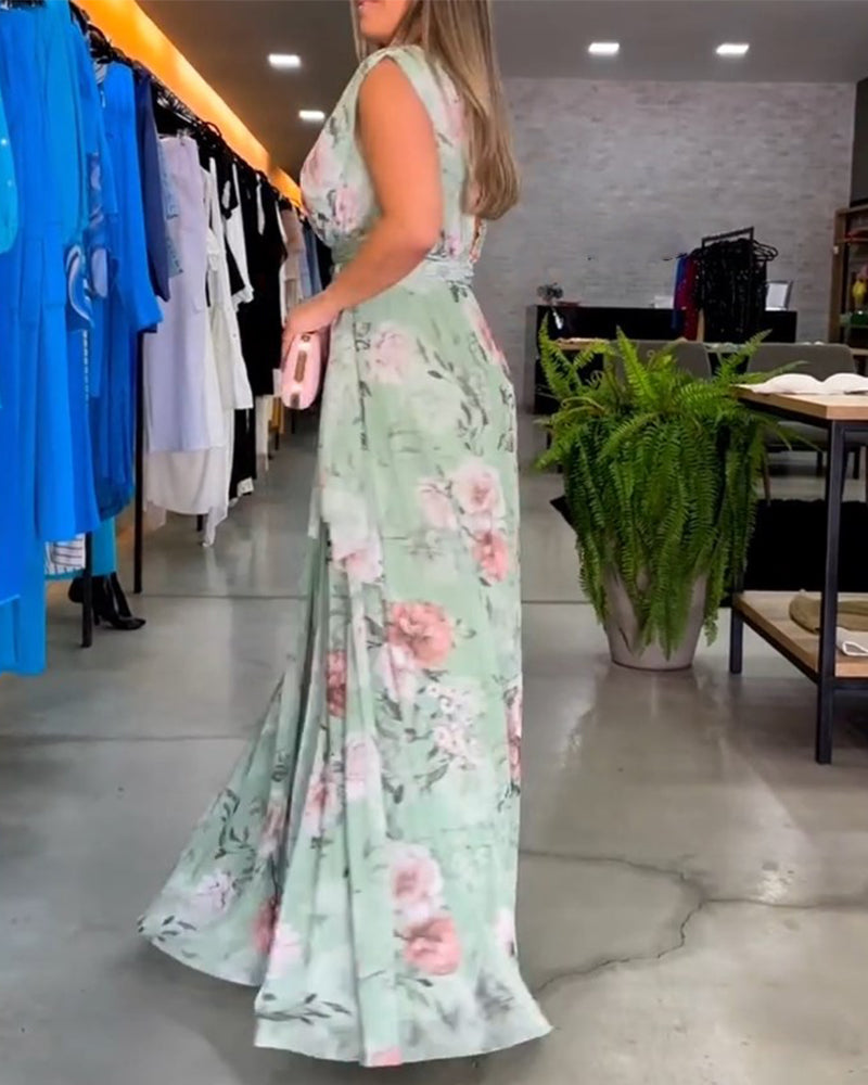CD | Rochie lungă florală fără mâneci cu tiv despicat