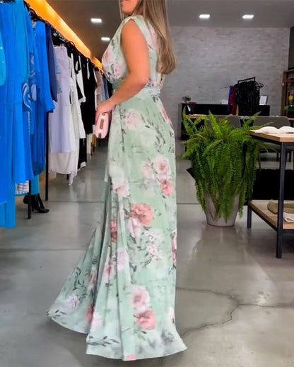 CD | Rochie lungă florală fără mâneci cu tiv despicat