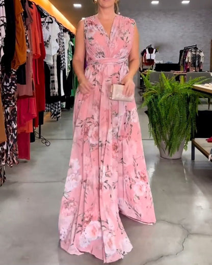 CD | Rochie lungă florală fără mâneci cu tiv despicat