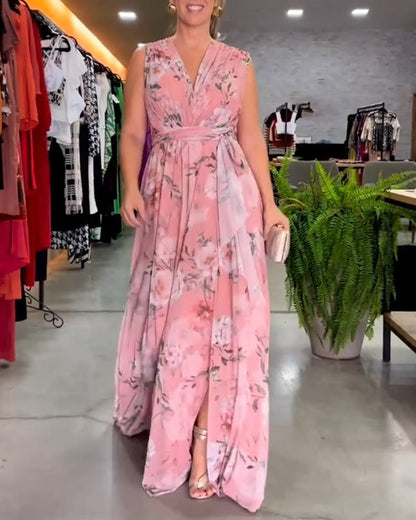 CD | Rochie lungă florală fără mâneci cu tiv despicat