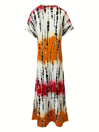 CD | Rochie maxi pentru femei - Decolteu în V - Imprimeu abstract - Mâneci scurte - Ținută relaxată - Fante laterale