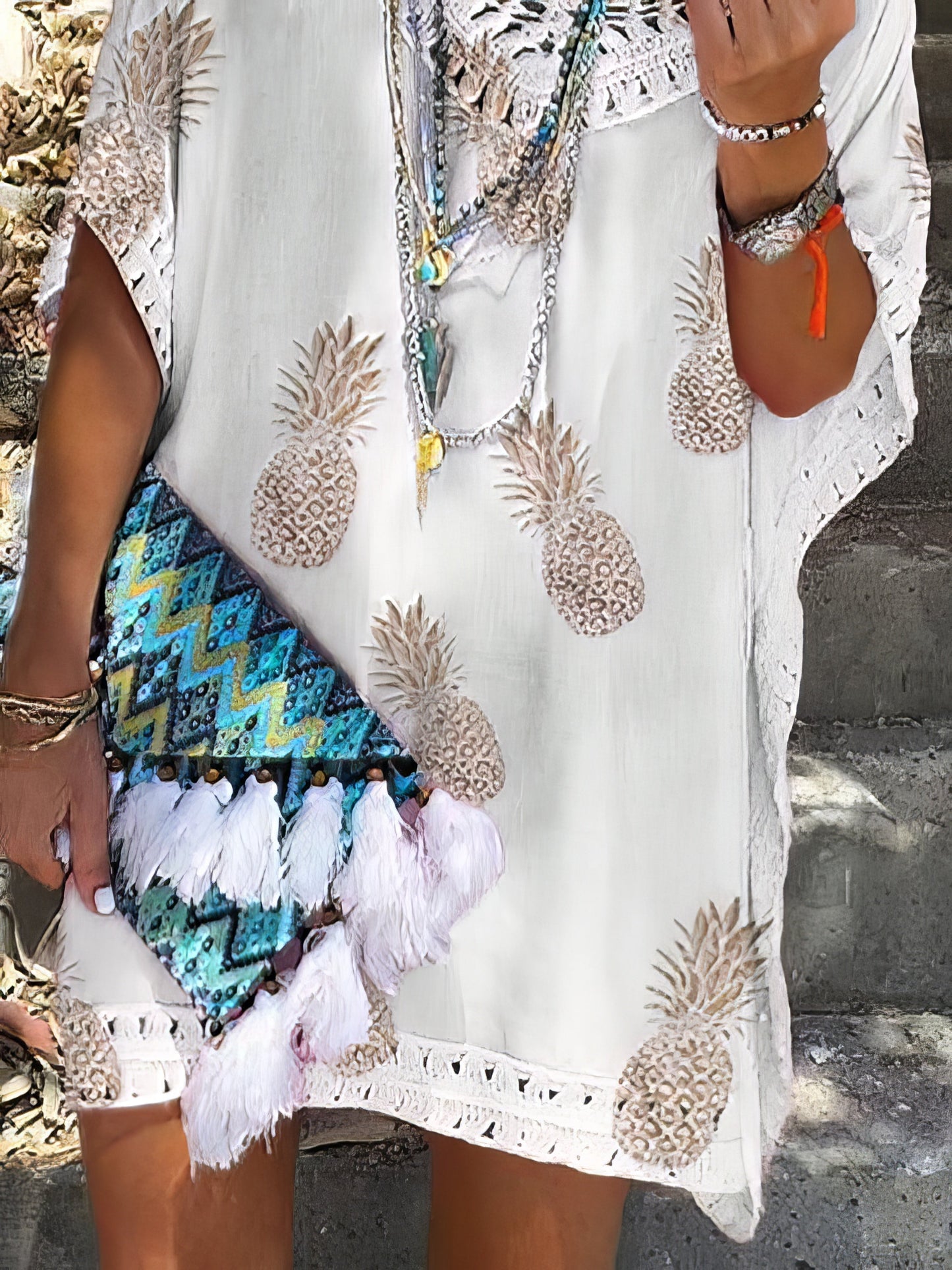 CD | Casual vrac dantelă V-Neck ananas imprimare Mini rochie
