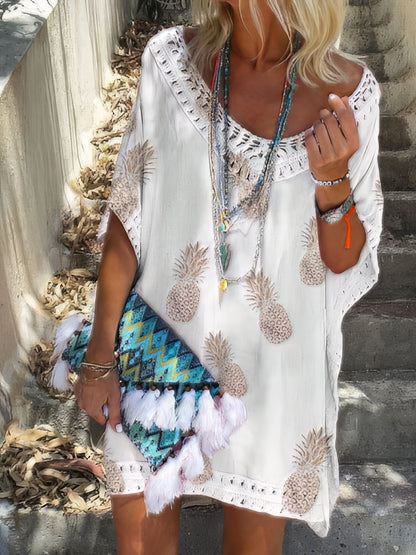 CD | Casual vrac dantelă V-Neck ananas imprimare Mini rochie