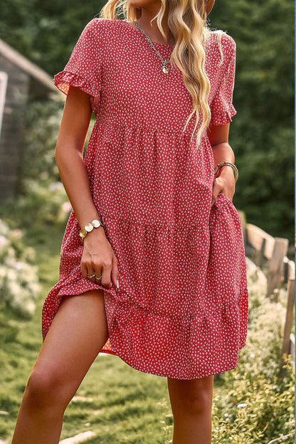 CD | Rochie mini drăguță cu decolteu rotund și imprimeu floral