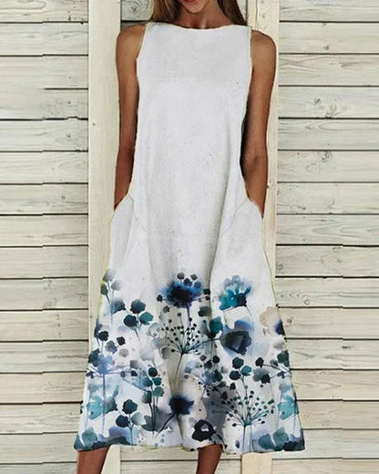CD | Rochie midi pentru femei - A-line fără mâneci - Decolteu înalt - Detalii florale - Fibre naturale