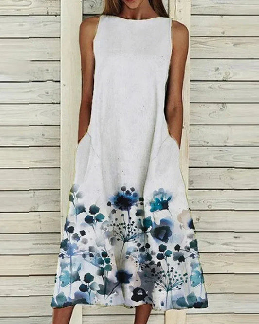 CD | Rochie midi pentru femei - A-line fără mâneci - Decolteu înalt - Detalii florale - Fibre naturale