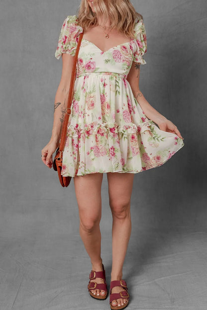 CD | Floral Bubble Sleeve Sweetheart gât Ruffle Mini rochie