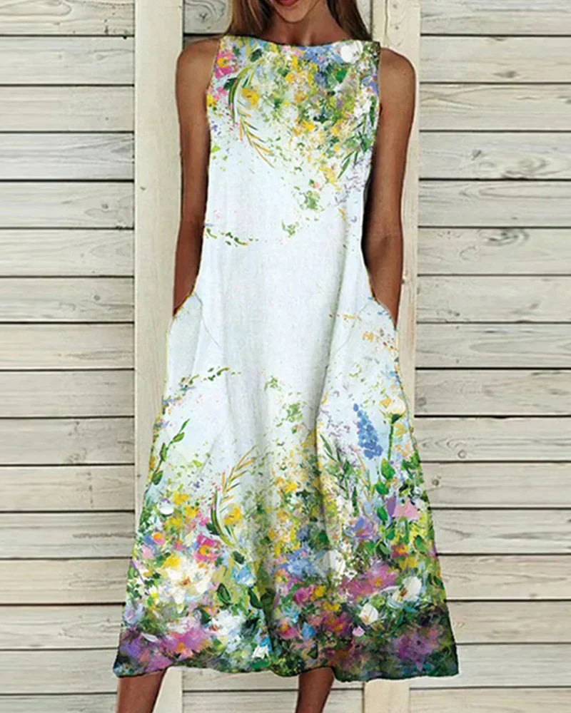 CD | Rochie midi pentru femei - A-line fără mâneci - Decolteu înalt - Detalii florale - Fibre naturale