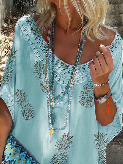 CD | Casual vrac dantelă V-Neck ananas imprimare Mini rochie