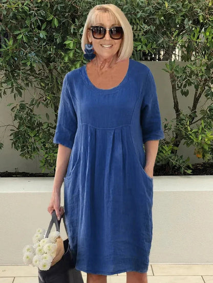 CD | Rochie midi pentru femei - Fibre naturale - Ținută relaxată - Decolteu rotund - Mâneci la cot - Buzunare