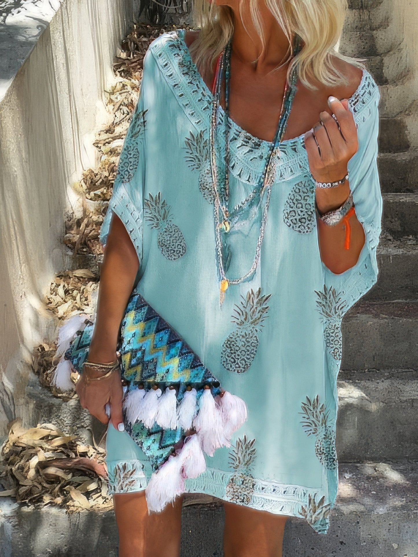 CD | Casual vrac dantelă V-Neck ananas imprimare Mini rochie